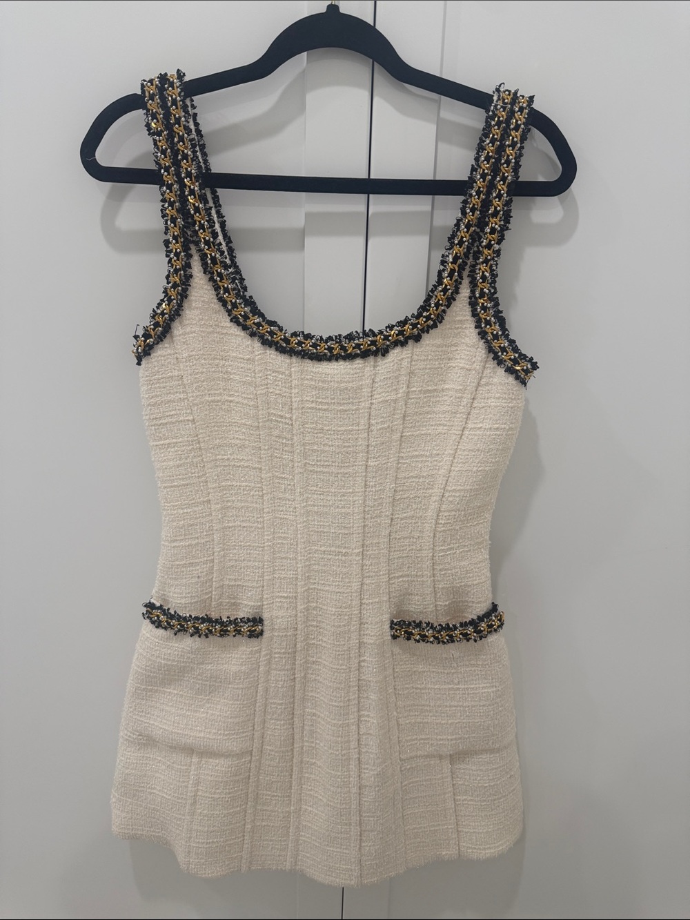 Fashion Nova Cream Tweed Mini Dress with Black & Gold Trim